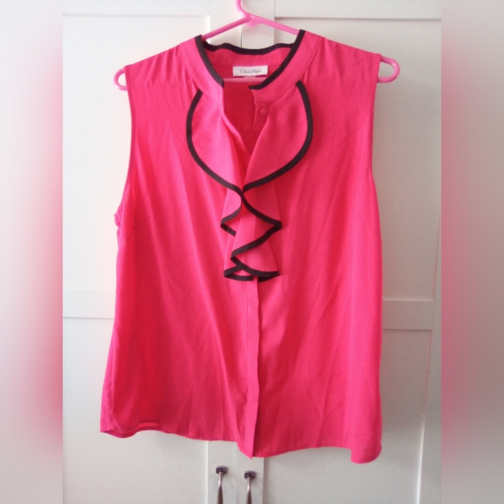Calvin Klein Bright Pink with Black Trim Sleeveless Ruffle Blouse Top Size L